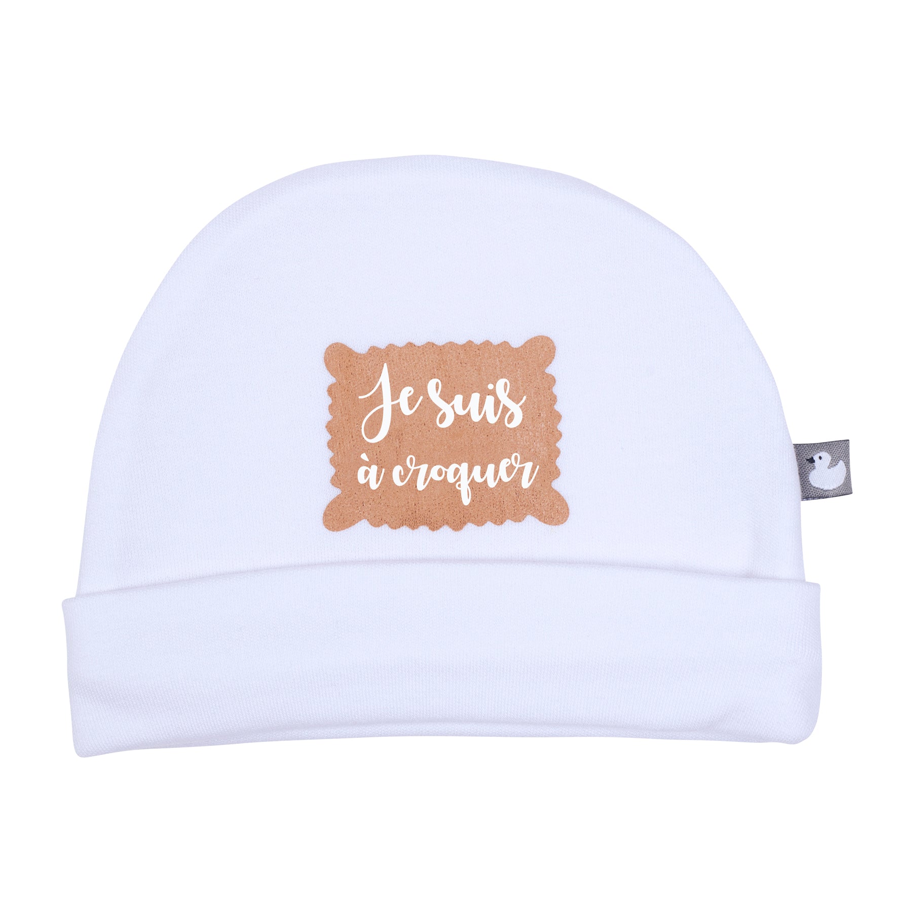 Bonnet naissance bébé en coton forme classique avec message "à croquer"