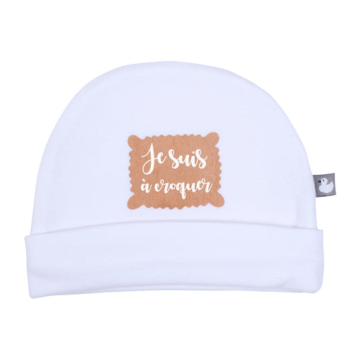Bonnet naissance bébé en coton forme classique avec message "à croquer"