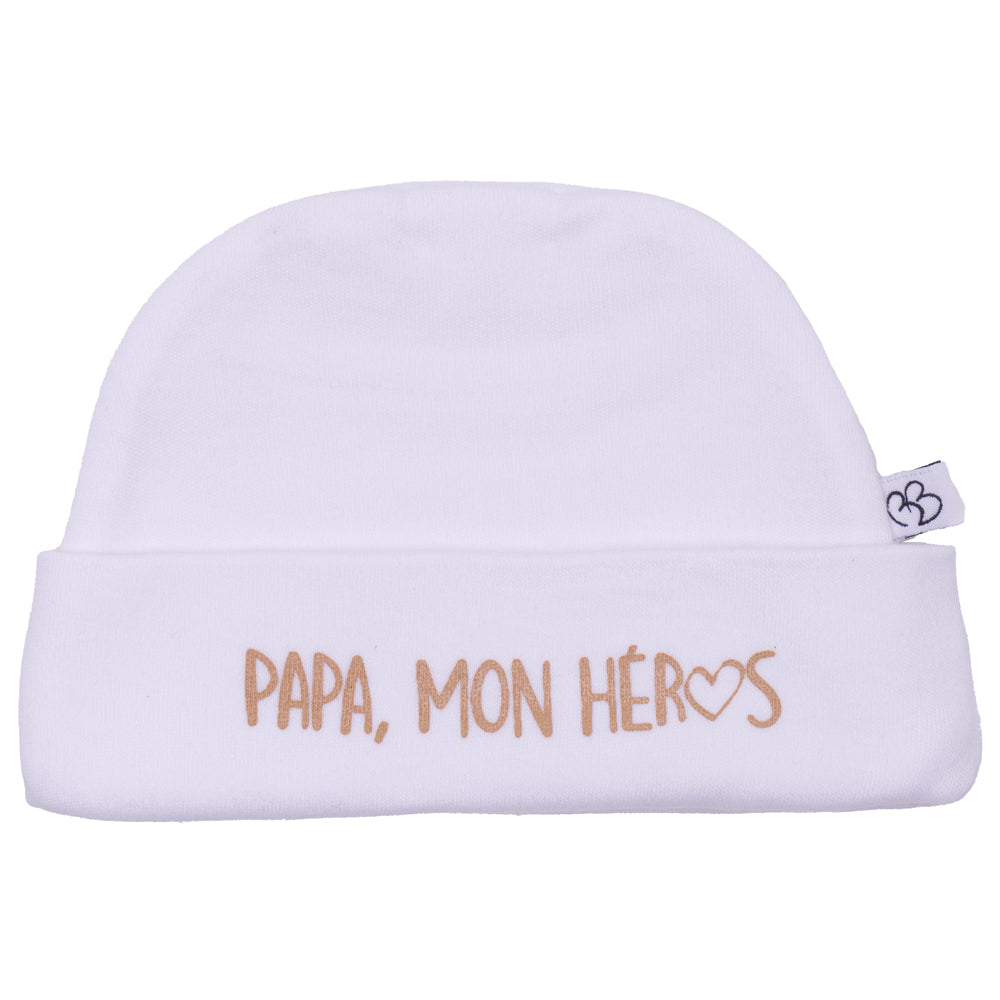 Bonnet naissance bébé classique avec message papa mon héros en coton