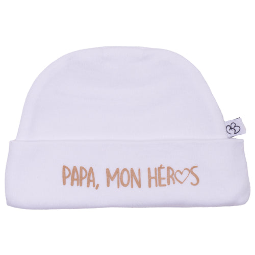 Bonnet naissance bébé classique avec message papa mon héros en coton