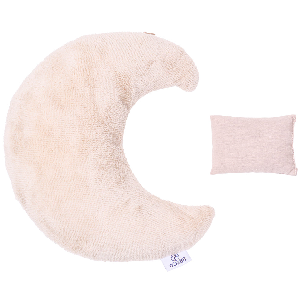Bouillotte lune bébé en coton et bambou avec graines de colza chauffante beige vue du dessus