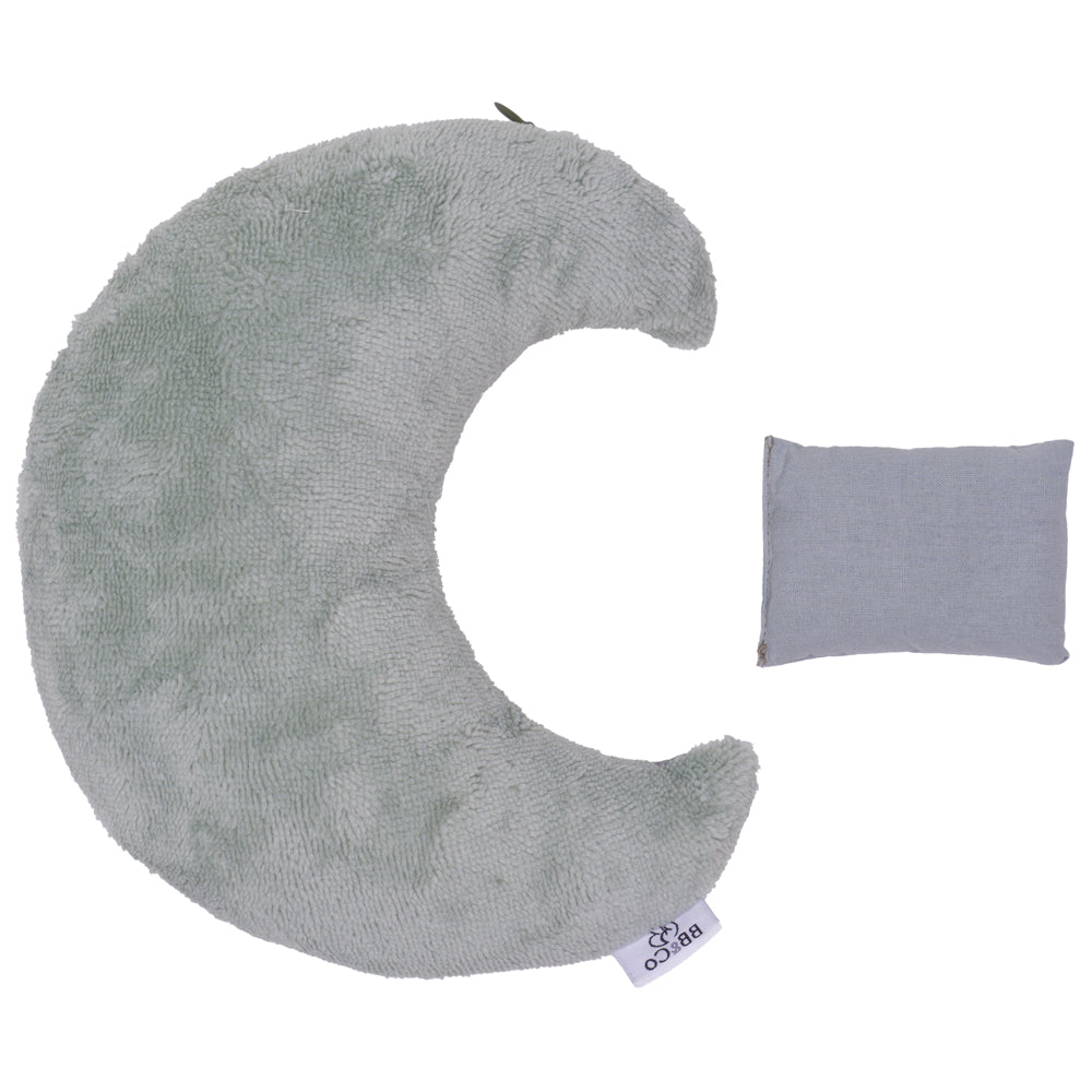 Bouillotte lune bébé en coton et bambou avec graines de colza chauffante vert de gris vue du dessus