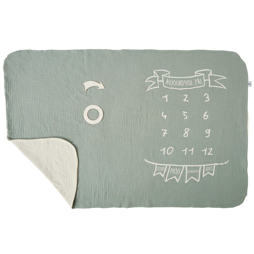 Couverture étapes bébé en coton avec accessoires pour photos de croissance vert de gris vue 1