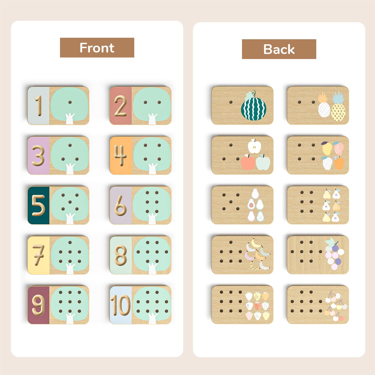 Les différentes tablettes en bois du jeu éducatif enfant chiffres bois arbres fruitiers