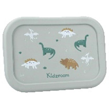 Lunch box bébé en silicone 700 ml avec compartiments motif dino vue de haut et fermée