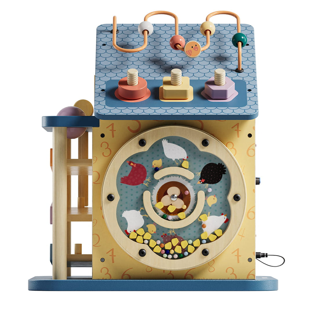 Maison d’activités bébé 12 en 1 éducative interactive vue sur la face avec roulette