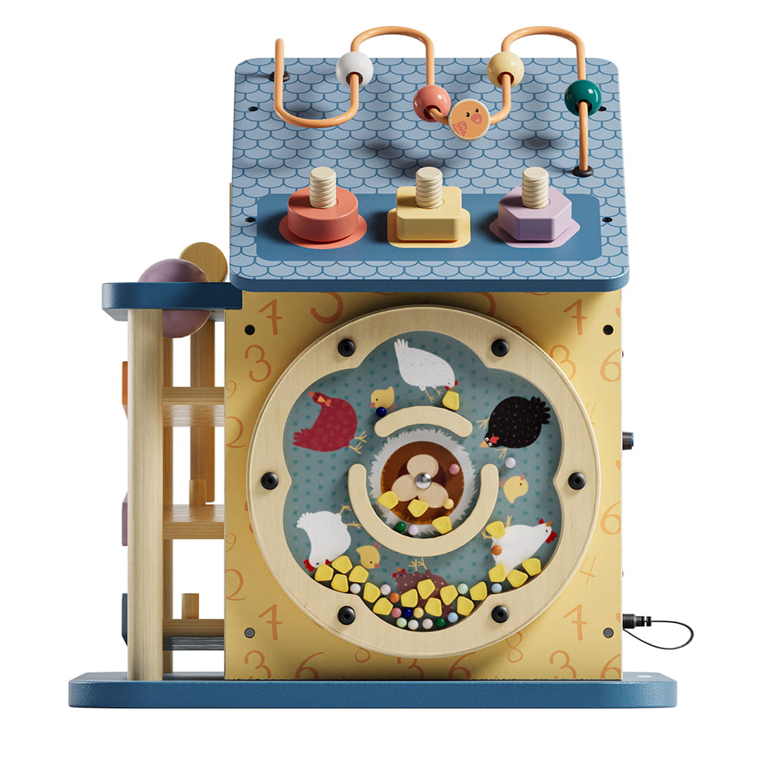 Maison d’activités bébé 12 en 1 éducative interactive vue sur la face avec roulette