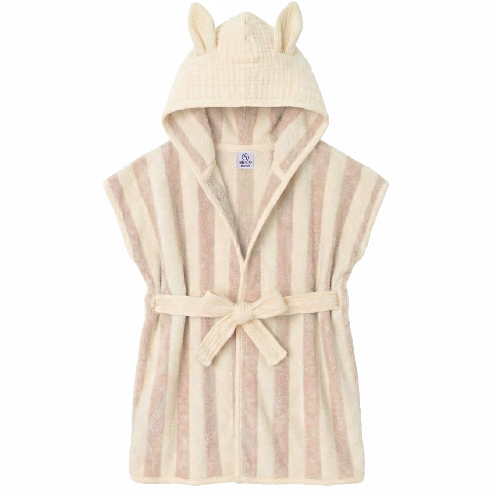Peignoir bébé à capuche oreilles de lapin en bambou et coton rayé beige