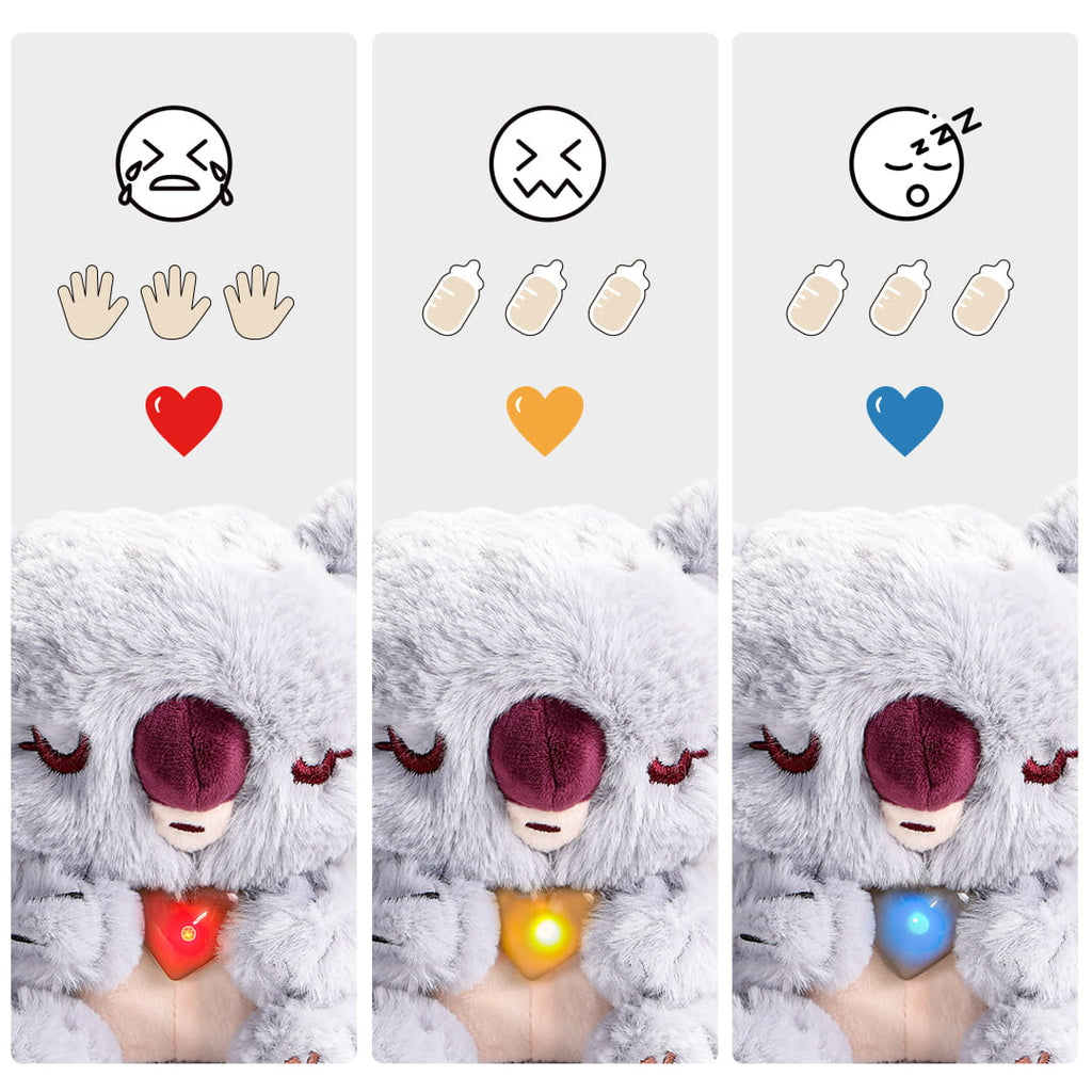 Les différentes humeurs de la peluche interactive bébé koala avec cœur lumineux