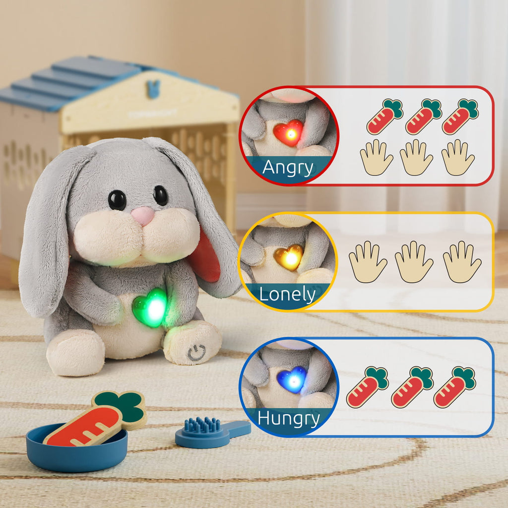 Peluche interactive lapin enfant avec clapier lumineux et ses différents états d'humeur