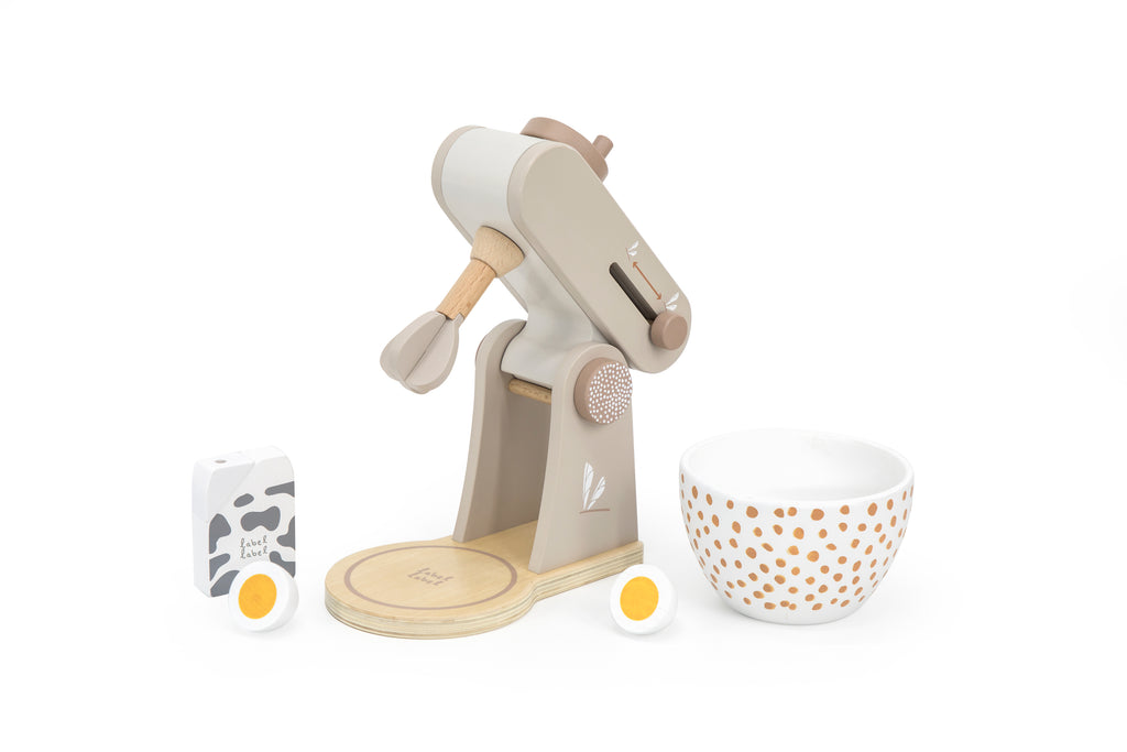 Robot culinaire enfant en bois avec accessoires cuisine relevé avec ses accessoires