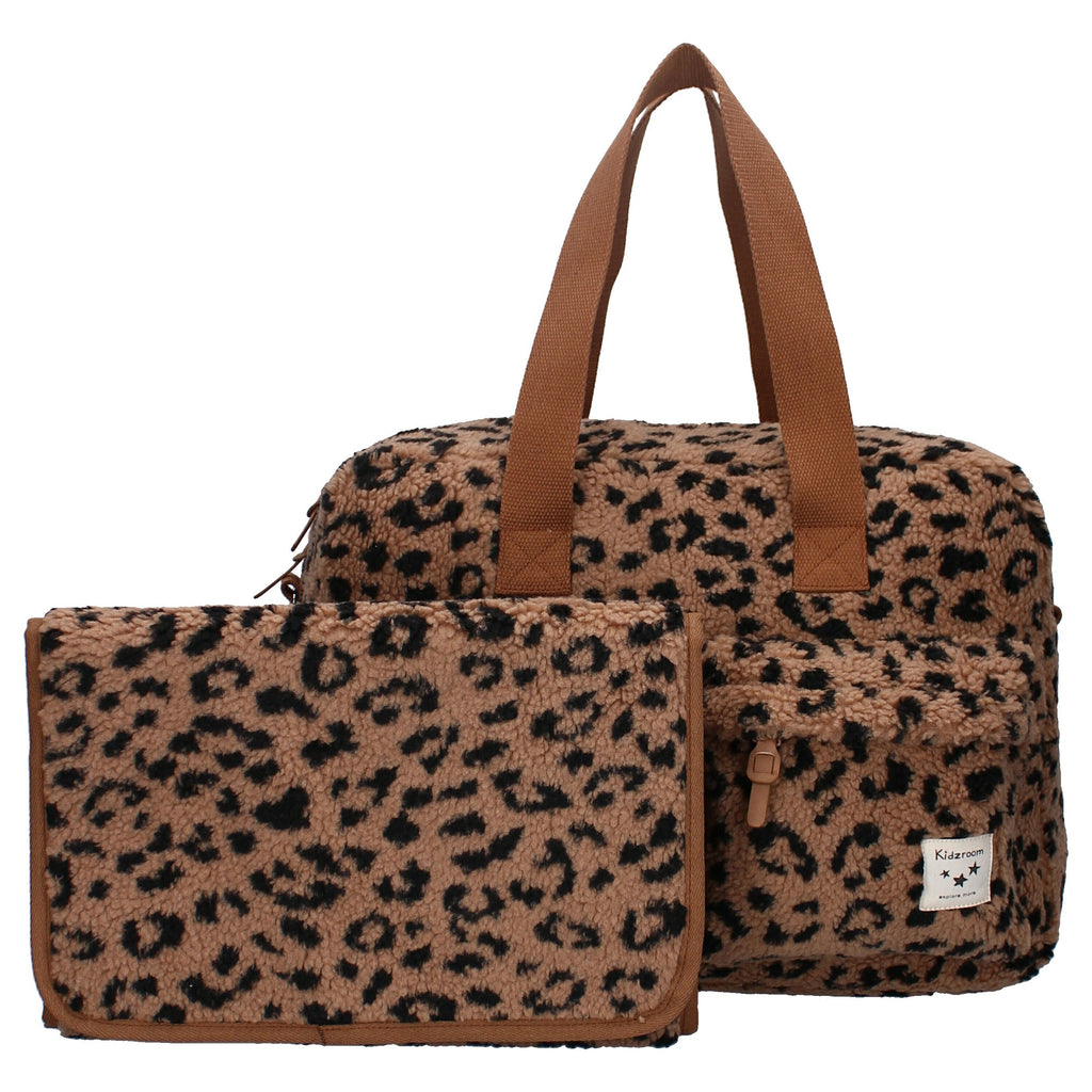 Sac à langer bébé avec matelas à langer en velours couleur léopard de face