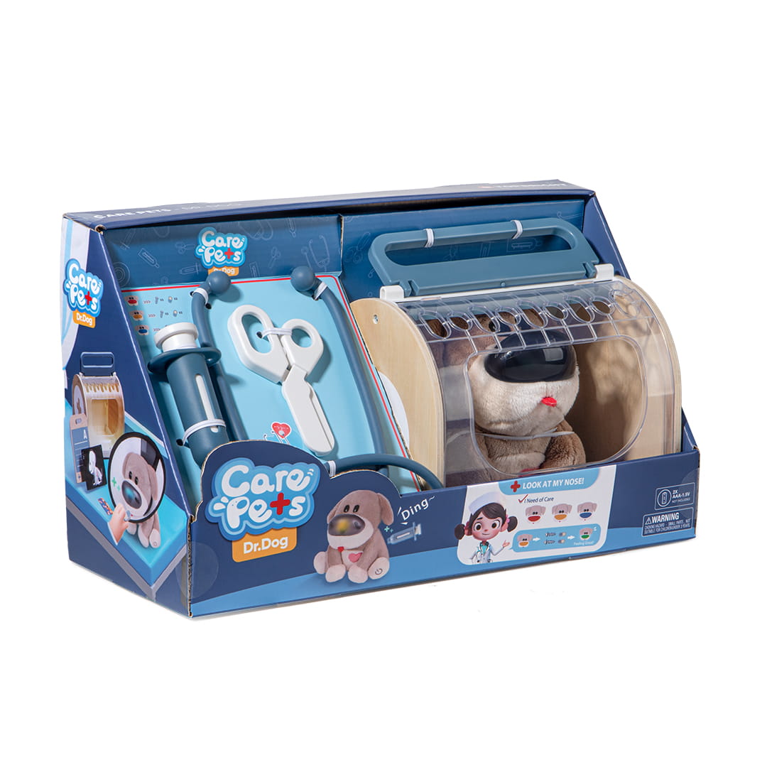 Set vétérinaire enfant avec chien peluche interactif dans sa boîte