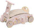 Voiture en bois 3 en 1 bébé marcheur bascule et porteur rose vue de côté