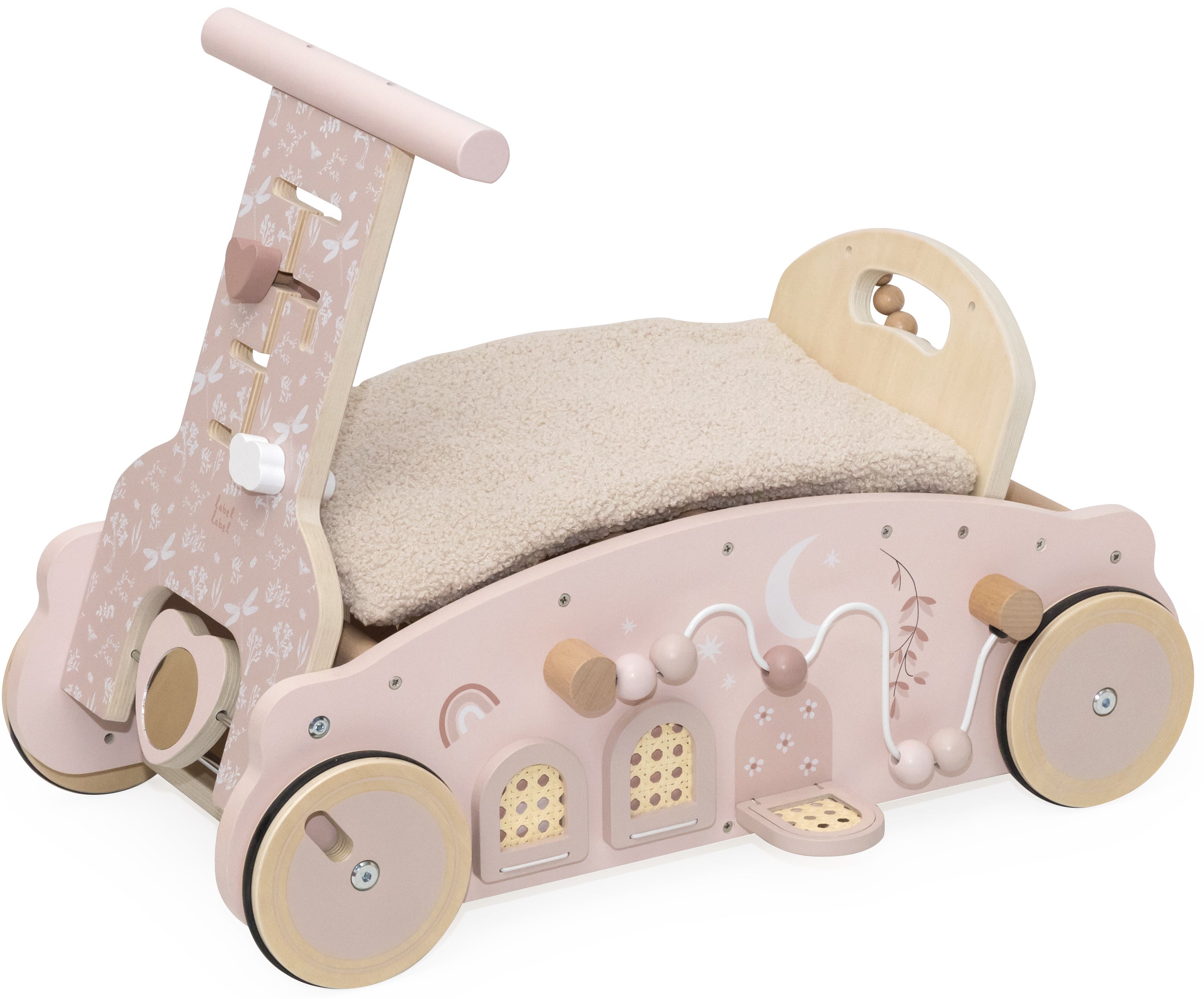 Voiture en bois 3 en 1 bébé marcheur bascule et porteur rose vue de côté